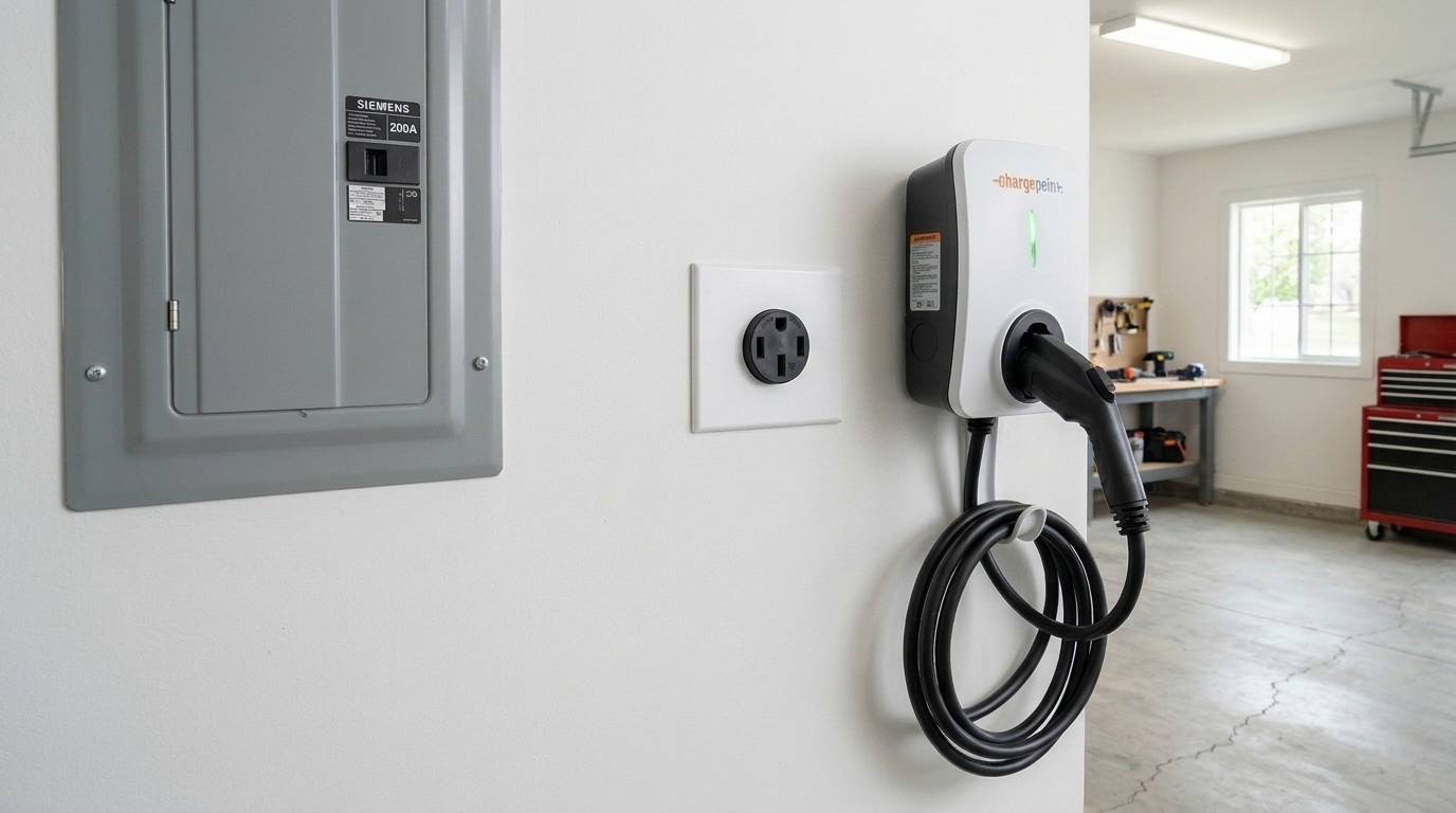 Flush-mounted 200A Siemens panel paired with an in-wall flush-mounted industrial 50A NEMA 14-50R receptacle in a white wall plate and Level 2 EV charger.