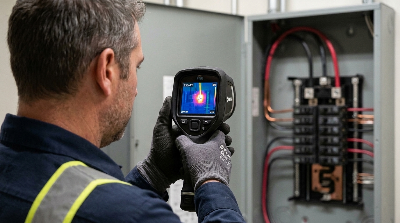 Live infrared thermographic scan of an energized distribution panel under normal operating load, isolating a high-resistance breaker termination.